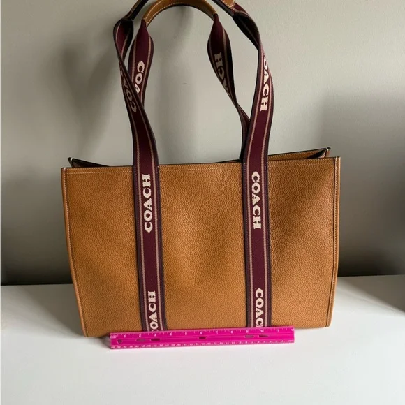 Coach Tan Pebble Leather Tote with Burgundy Logo Straps - Picture 4 of 5